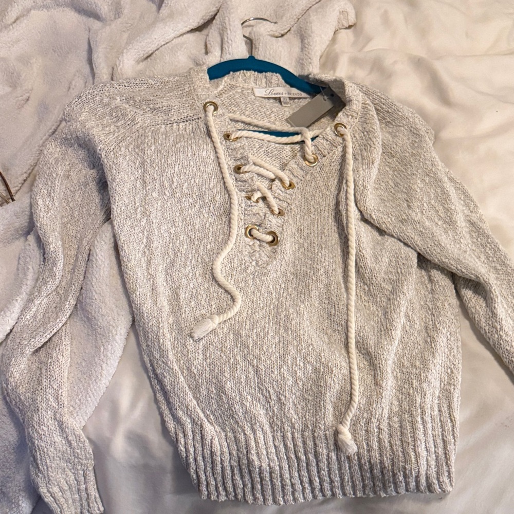 NWT Lovers + Friends Cream/grey Lace-Up Sweater XS